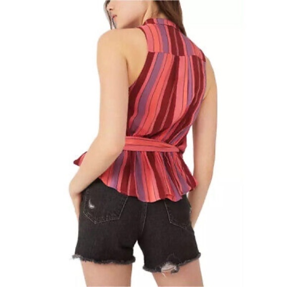 Free People Mackenzie Striped Point Collar Sleeveless Tie Wrap Top - Size Small - Picture 2 of 10